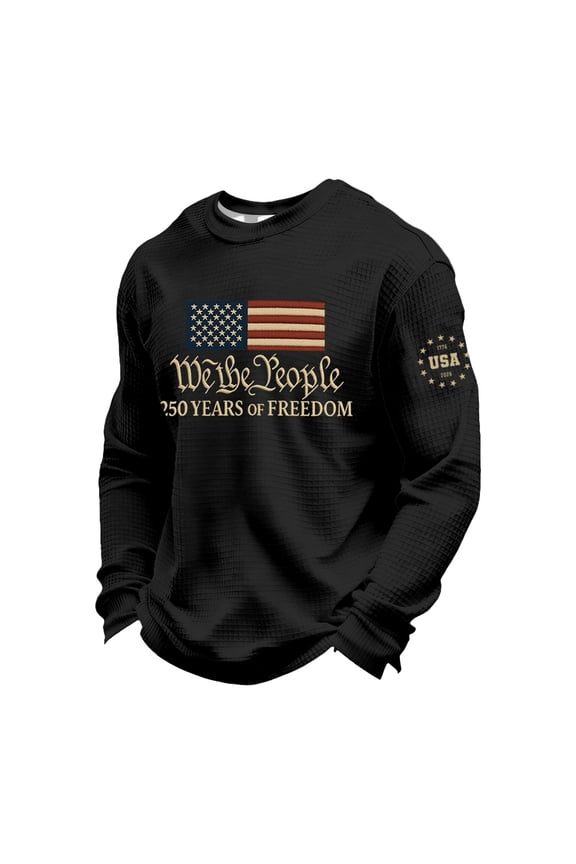 250th Anniversary USA Shirt Men American Flag Print Shirt Long Sleeve Waffle Top Casual Crewneck Sweatshirts Patriotic Apparel