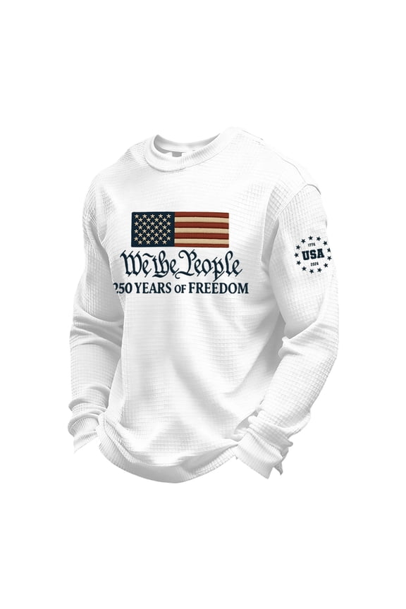 250th Anniversary USA Shirt Men American Flag Print Shirt Long Sleeve Waffle Top Casual Crewneck Sweatshirts Patriotic Apparel