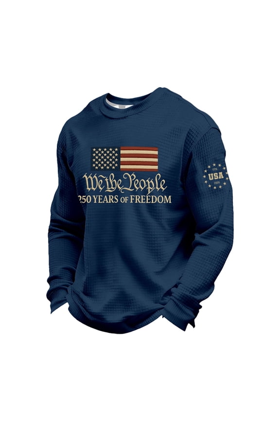 250th Anniversary USA Shirt Men American Flag Print Shirt Long Sleeve Waffle Top Casual Crewneck Sweatshirts Patriotic Apparel