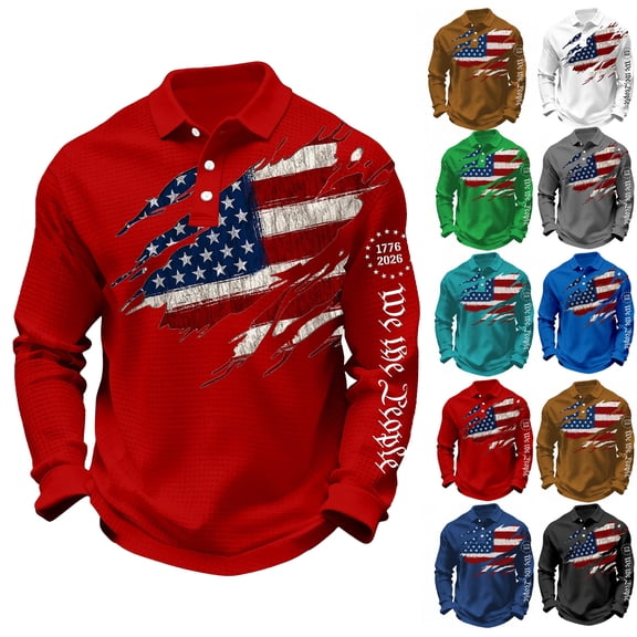 250th Anniversary USA Shirt for Men American Flag Printed Long Sleeved Polo Shirts 250th Anniversary 1776-2026 Casual Polo Shirts Waffle Knit Button Down Patriotic Shirt,Red M