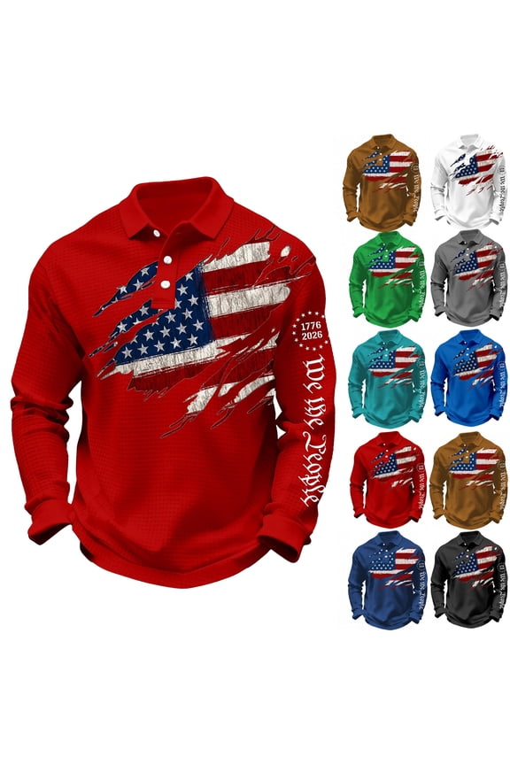 250th Anniversary USA Shirt Men USA Flag American Long Sleeve Polo Sweatshirt United States 250th Anniversary Casual Golf Shirt Waffle Knit Button Down Patriotic Polo Shirt,Red 4XL
