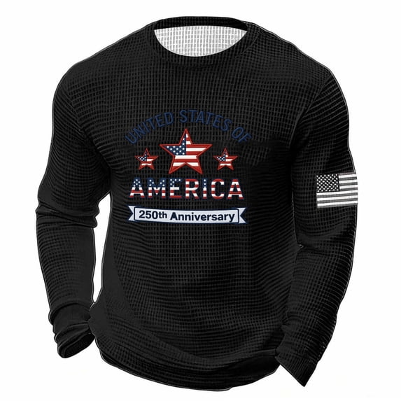 250th Anniversary USA Shirt Men Waffle Long Sleeve Tops American Flag Print Crew Neck Sweatshirt Patriotic Fourth of July Outfit