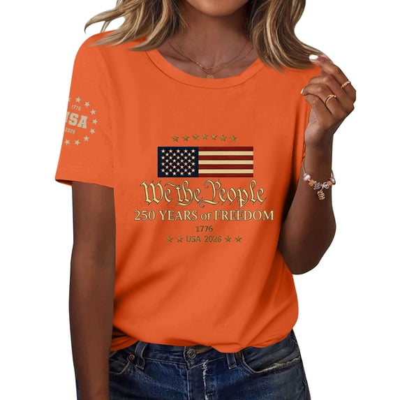 250th Anniversary USA Shirt Women 250 Years American Flag Print Short Sleeve Tops 1776-2026 Birthday 4th July Tshirt Orange M