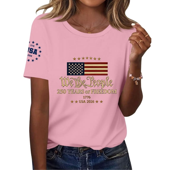 250th Anniversary USA Shirt Women 250 Years American Flag Print Short Sleeve Tops 1776-2026 Birthday 4th July Tshirt Pink 2XL