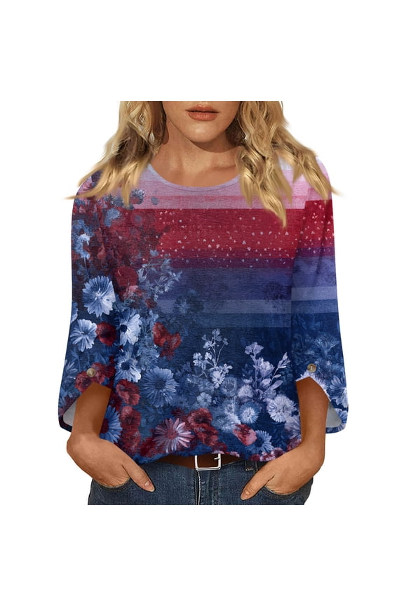 250th Anniversary USA Shirt Women, 4th of July 3/4 Sleeve Crew Neck Tops for Women, Boho America Flag Print Blouses for Holiday Wear
