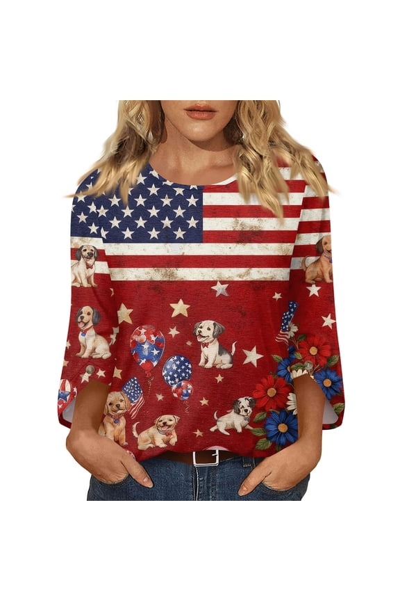 250th Anniversary USA Shirt Women, 4th of July 3/4 Sleeve Crew Neck Tops for Women, Boho America Flag Print Blouses for Holiday Wear