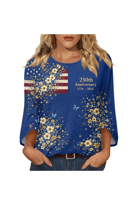 250th Anniversary USA Shirt Women, 4th of July 3/4 Sleeve Crew Neck Tops for Women, Boho America Flag Print Blouses for Holiday Wear