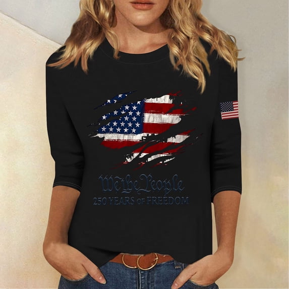 250th Anniversary USA Shirt Women America 250 Shirt 3/4 Sleeve Patriotic Flag Eagle Print Tops 1776-2026 Tshirt Gifts