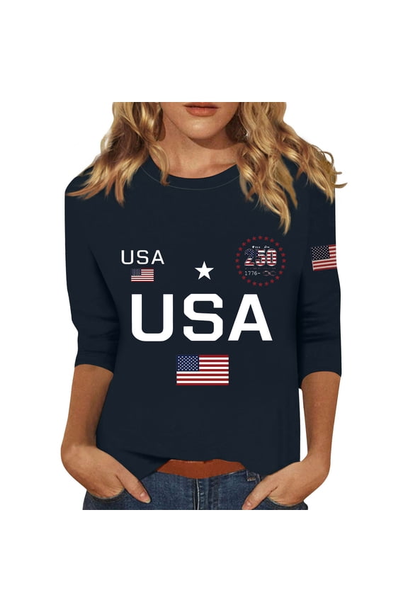 250th Anniversary USA Shirt Women America Shirt 3/4 Sleeve Patriotic Flag Eagle Print Tops 1776-2026 Tshirt Gifts Blue S