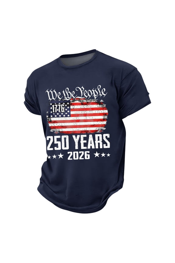 250th Anniversary USA Shirts Men Loose Short Sleeve USA Flag Print Tshirts Round Neck Independence Day Patriotic Tops 4th of July Celebration Party Tees, 4XL