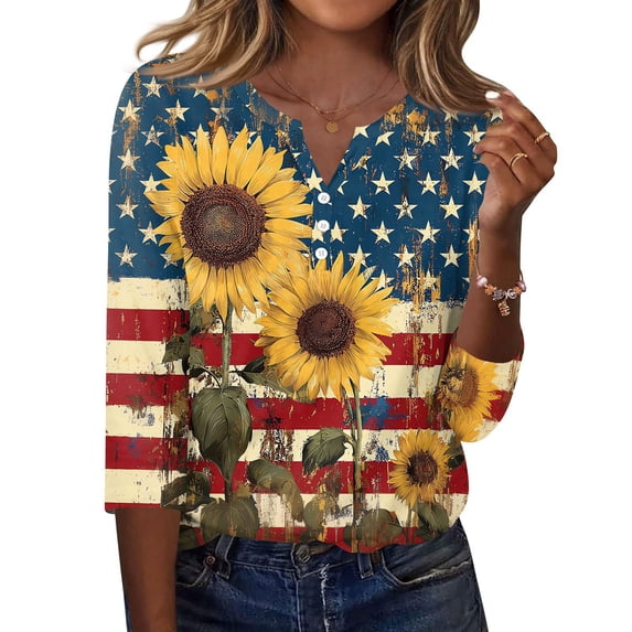 250th Anniversary USA Shirts Women 3/4 Sleeve T-Shirts Casual Red White and Blue Print Pullover 4th of July Celebration Party Tops Independence Day Patriotic V Neck Blouses Yellow M