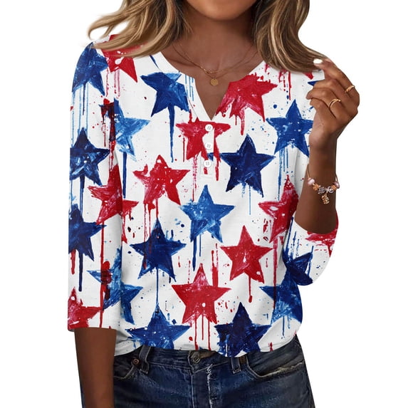 250th Anniversary USA Shirts Women 3/4 Sleeve T-Shirts Casual Red White and Blue Print Tops 4th of July Celebration Party Pullover Independence Day Patriotic V Neck Blouses Watermelon Red XL