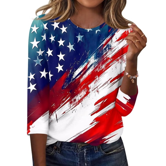 250th Anniversary USA Shirts for Women 3/4 Sleeve T Shirts Loose USA Flag Print Pullover Independence Day Patriotic Tops 4th of July Celebration Party Round Neck Blouses Blue S