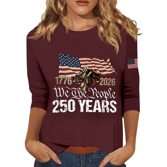250th Anniversary USA Shirts for Women Plus Size 3/4 Sleeve T Shirts Casual USA Flag Print Pullover 4th of July Celebration Party Tops Independence Day Patriotic Crew Neck 1776-2026 Blouses Wine 3XL