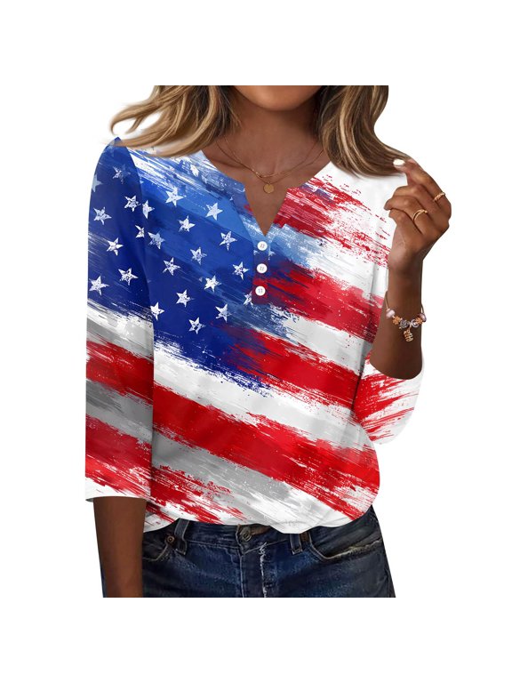 250th Anniversary USA Shirts Women Plus Size 3/4 Sleeve T Shirts Casual USA Flag Print Pullover Independence Day Patriotic Tops 4th of July Celebration Party V Neck 1776-2026 Blouses Red XL