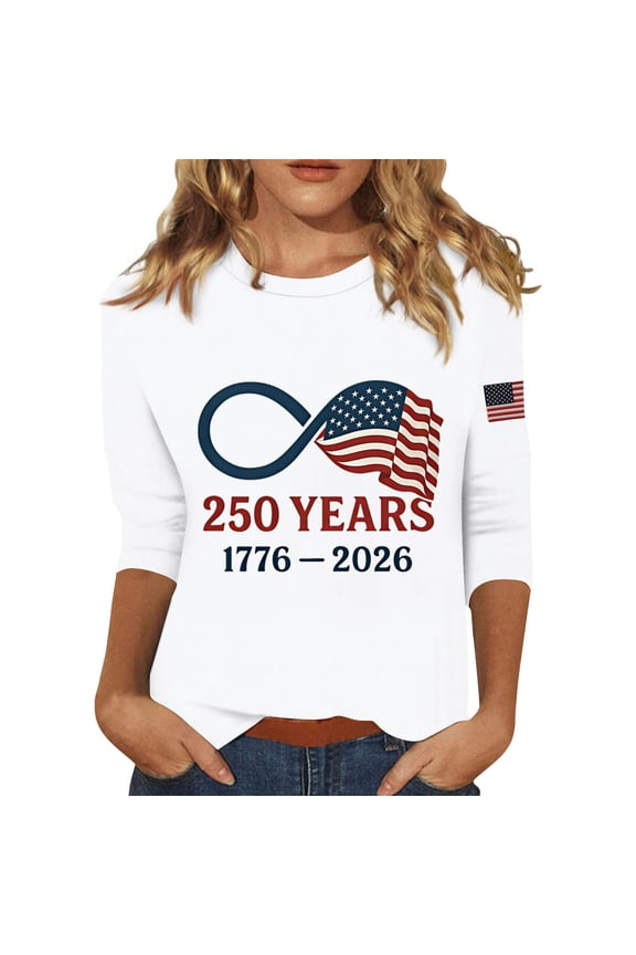250th Anniversary USA Shirts Women Plus Size 3/4 Sleeve T-Shirts Loose USA Flag Print Tops 4th of July Celebration Party Pullover Independence Day Patriotic Round Neck Blouses White 3XL
