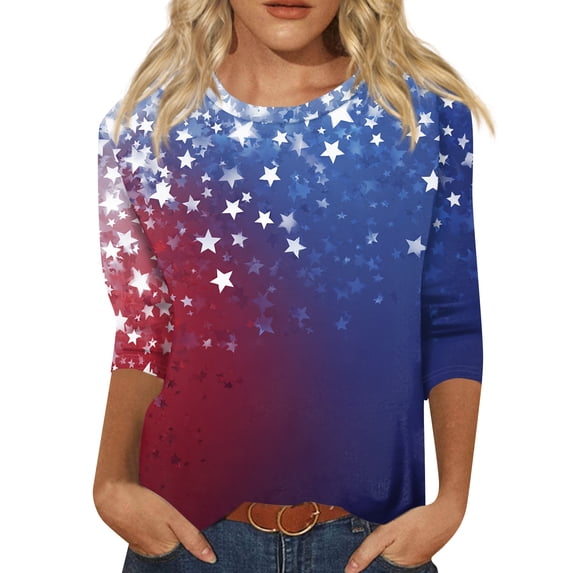 250th Anniversary USA Shirts Women Plus Size 3/4 Sleeve Tshirts Casual American Flag Print Pullover Independence Day Patriotic Tops 4th of July Celebration Party Round Neck Blouses Sky Blue S