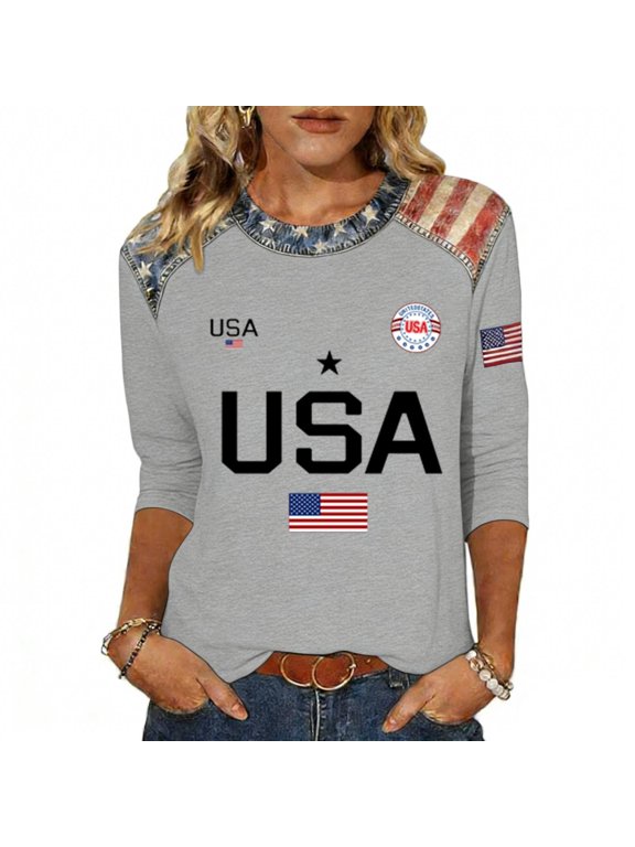250th Anniversary USA Shirts Women Plus Size Loose 3/4 Sleeve USA Flag Print Tshirts Round Neck Independence Day Patriotic Pullover 4th of July Celebration Party 1776-2026 Blouses, 4XL