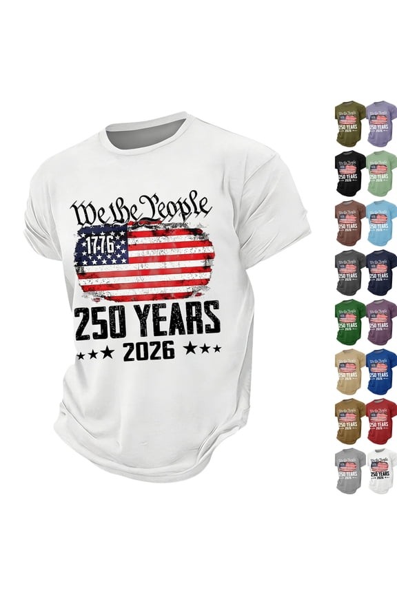 250th Anniversary T-Shirt for Men American Flag Tees 4th of July Shirt 250 Years Birthday Patriotic Tops White L