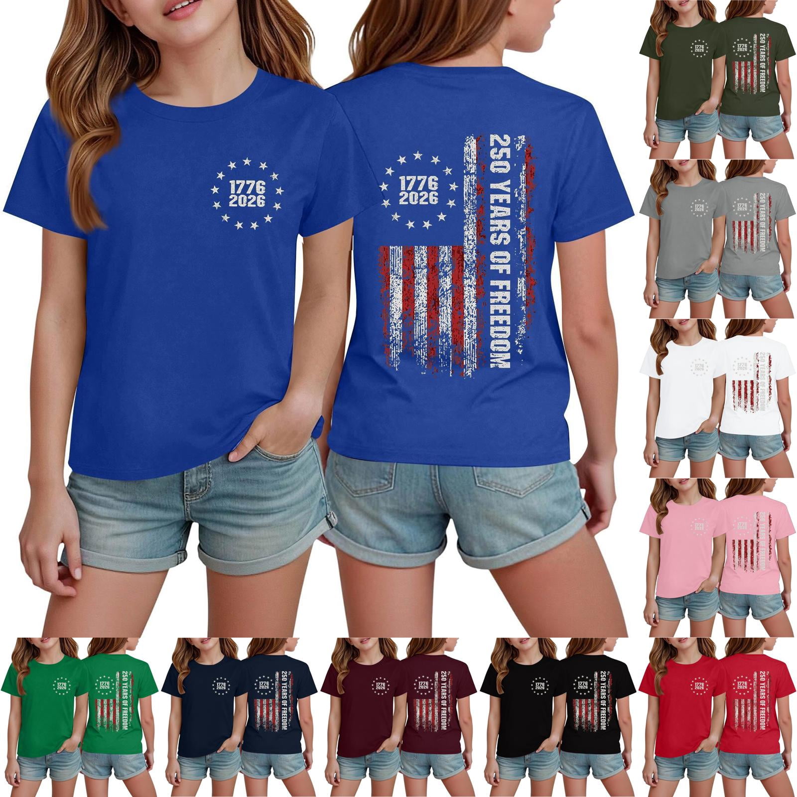 250th Anniversary USA Tops for Girls Patriotic 4th of July Short Sleeve ...
