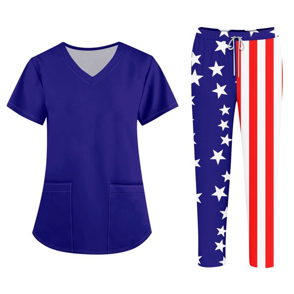 250th Anniversary USA Women’s Scrub Set, V-Neck Short Sleeve Top & Pants Medical Uniform, Breathable Moisture-Wicking Workwear with Pockets for Nurses & Healthcare Staff 03-Blue M