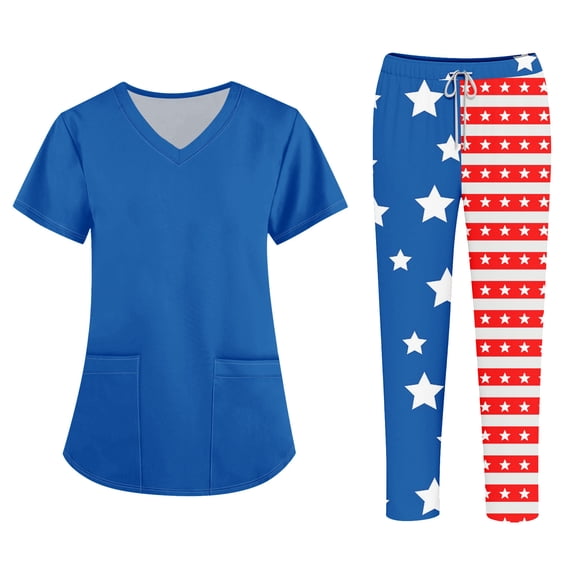 250th Anniversary USA Women’s Scrub Set, V-Neck Short Sleeve Top & Pants Medical Uniform, Breathable Moisture-Wicking Workwear with Pockets for Nurses & Healthcare Staff 02-Sky Blue XXL