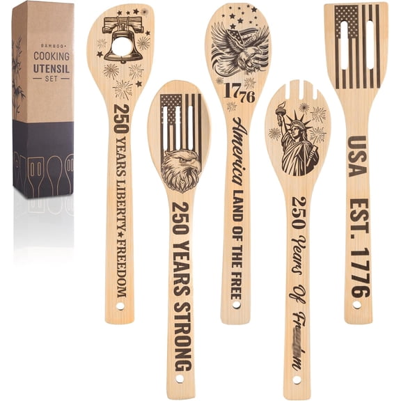 250th Anniversary USA Wooden Spoons, 250 Year American Cooking Utensils, USA 250th Anniversary Merchandise with Patriotic Designs, Natural Bamboo Kitchen Tools for Independence Day