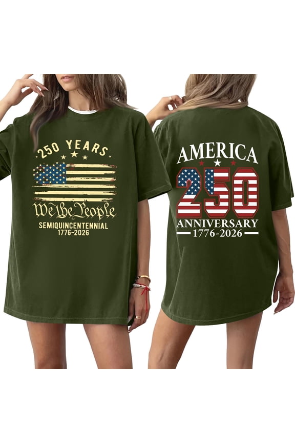 250th Anniversary United States Flag Print T Shirt Loose Fit Short Sleeve Crewneck Top for Women Men 1776 2026 Semi Centennial Tee Dark Green M