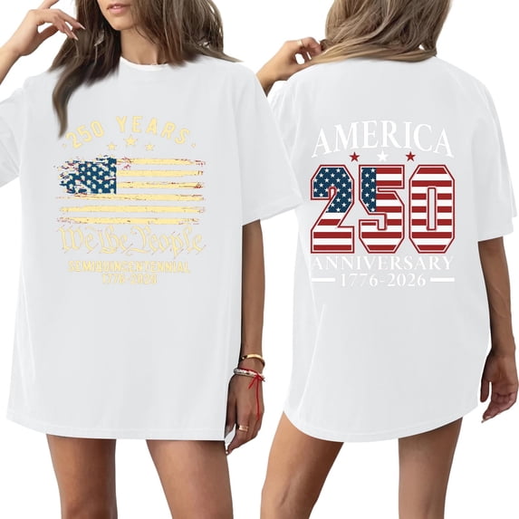 250th Anniversary United States Flag Print T Shirt Loose Fit Short Sleeve Crewneck Top for Women Men 1776 2026 Semi Centennial Tee White 2XL