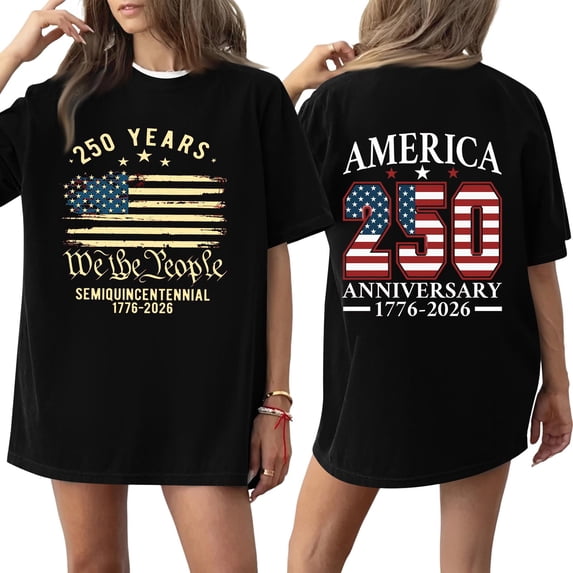 250th Anniversary United States Flag Print T Shirt Loose Fit Short Sleeve Crewneck Top for Women Men 1776 2026 Semi Centennial Tee Black L