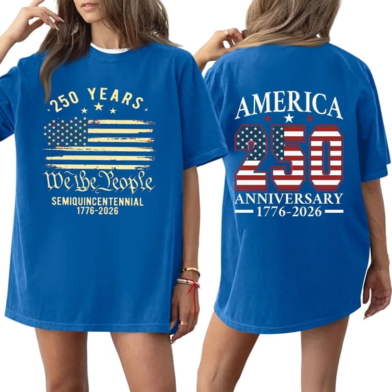 250th Anniversary United States Flag Print T Shirt Loose Fit Short Sleeve Crewneck Top for Women Men 1776 2026 Semi Centennial Tee Blue S