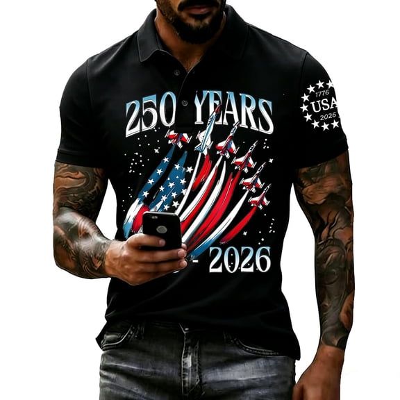 250th Anniversary Usa Polo Shirt Men Short Sleeve National Flag Print Polo Shirts 4th Of July Independence Day Vintage Polo Tshirt Button Down 250 Years Of Liberty Patriotic Golf Shirts,Black S