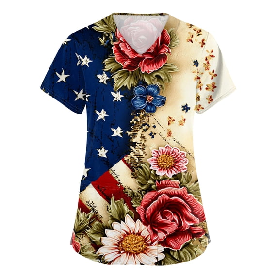 250th Anniversary USA Scrub Tops Women Casual Short Sleeve USA Flag Print Scrub Shirts V Neck Independence Day Patriotic Scrubs Medical Nurse Uniform Nursing Workwear with Pockets Royal Blue 3XL