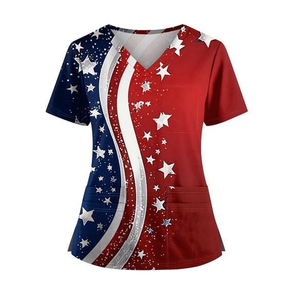 250th Anniversary USA Scrub Tops Women Loose Short Sleeve American Flag Print Scrub Shirts V Neck 4th of July Celebration Party Scrubs Nursing Workwear Medical Nurse Uniform with Pockets Deep Red 4XL