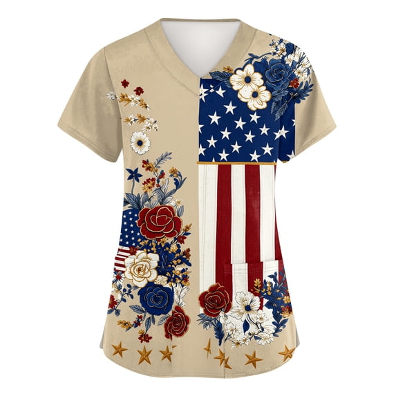 250th Anniversary USA Scrub Tops for Women Loose Short Sleeve Red White and Blue Print Scrubs V Neck 4th of July Patriotic Scrub Shirts Nursing Uniform Medical Nurse Workwear with Pockets Khaki S