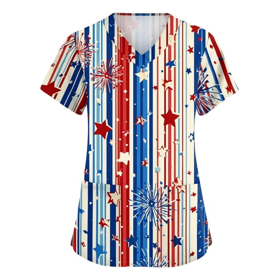 250th Anniversary USA Scrub Tops Women Loose Short Sleeve USA Flag Print Scrub Shirts V Neck Independence Day Patriotic Scrubs Medical Nurse Uniform Nursing Workwear with Pockets Navy 2XL