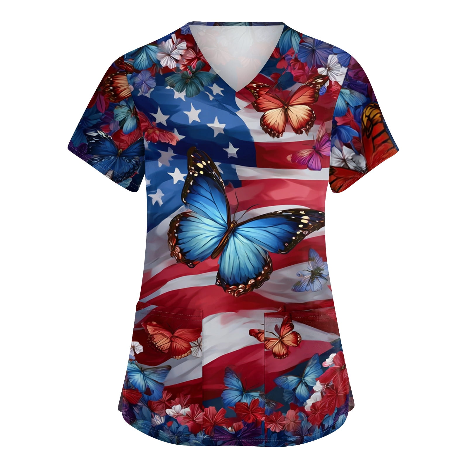 250th Anniversary USA Scrub Tops Women Loose V Neck USA Flag Print ...