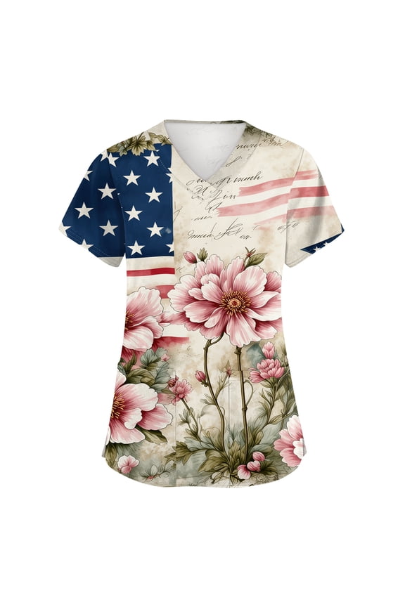 250th Anniversary USA Scrub Tops Women Loose V Neck USA Flag Print Scrubs Short Sleeve 4th of July Patriotic Scrub Shirts Medical Nurse Workwear Nursing Uniform with Pockets Pink L