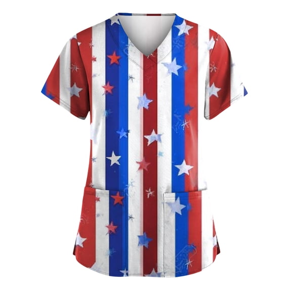 250th Anniversary USA Scrub Tops Women Plus Size Loose Short Sleeve USA Flag Print Scrubs V Neck 4th of July Patriotic Scrub Shirts Nursing Workwear Medical Nurse Uniform with Pockets Blue 2XL