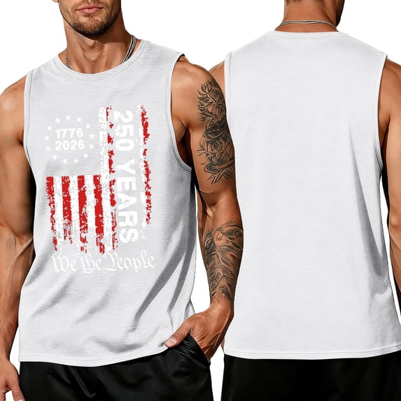 250th Anniversary Usa Shirt for Men 4th Of July Usa Independence Day Shirt Retro American Flag Graphic Sleeveless Patriotic Tee We the People Crew-Neck Tops,White M