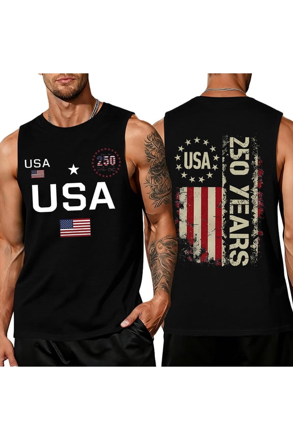 250th Anniversary Usa Shirt for Men Independence Day 4th Of July Tank Tops Retro American Flag Graphic Sleeveless Patriotic Tee We the People Round Neck Outfits,Black M