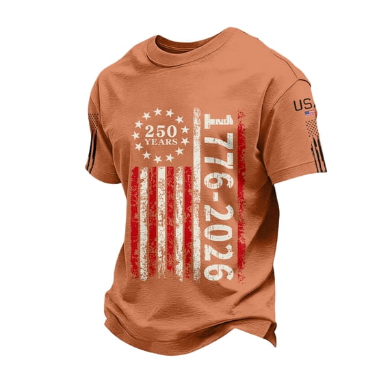 250th Anniversary USA Shirts Men Short Sleeve T Shirts Casual American Flag Print Pullover 4th of July Celebration Party Tops Independence Day Patriotic Crew Neck 1776-2026 Tees Saffron M