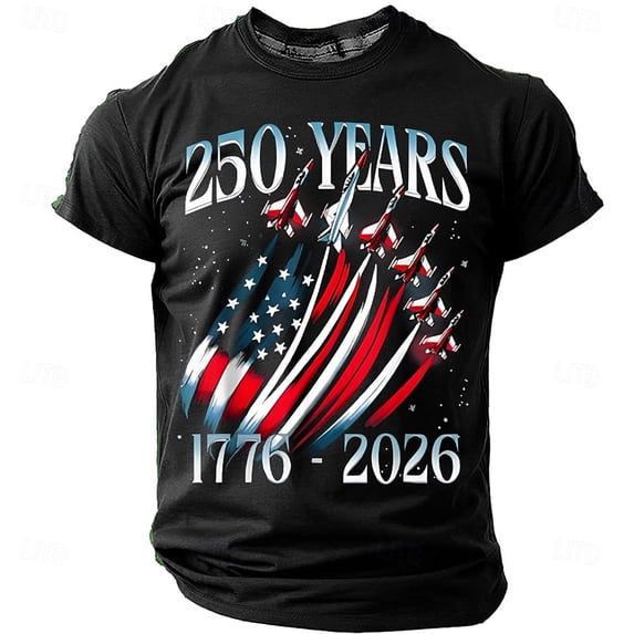 250th Anniversary USA Shirts for Men Short Sleeve T Shirts Casual Red White and Blue Print Pullover 4th of July Celebration Party Tops Independence Day Patriotic Crew Neck 1776-2026 Tees Black S