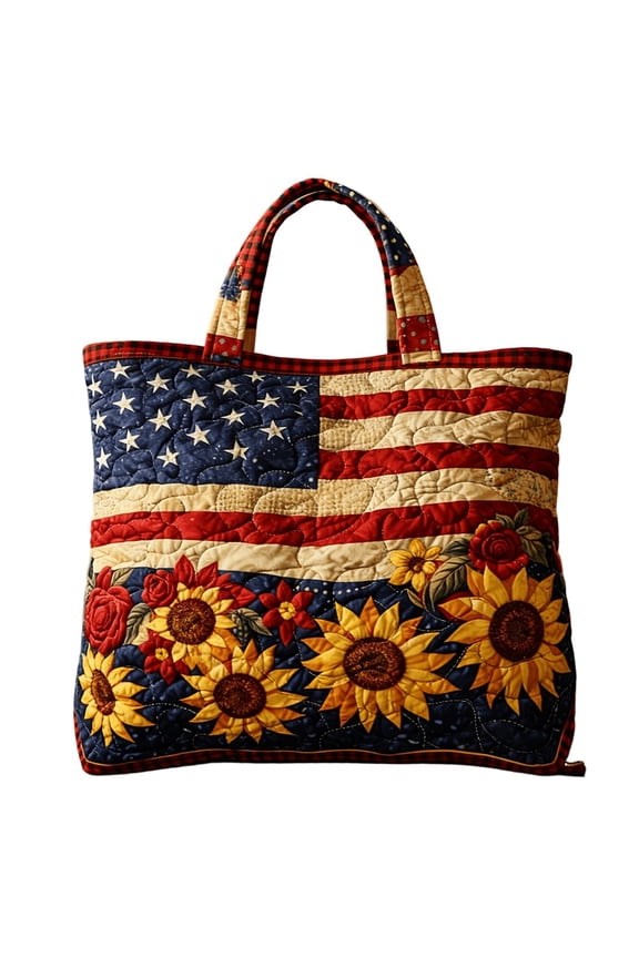 250th Anniversary Usa Women's Patriotic Sunflower Quilted Tote Bags Mid Capacity Top Handle Shoulder Purses Casual 6th of July Beach Bags for Women Travel Daily Use