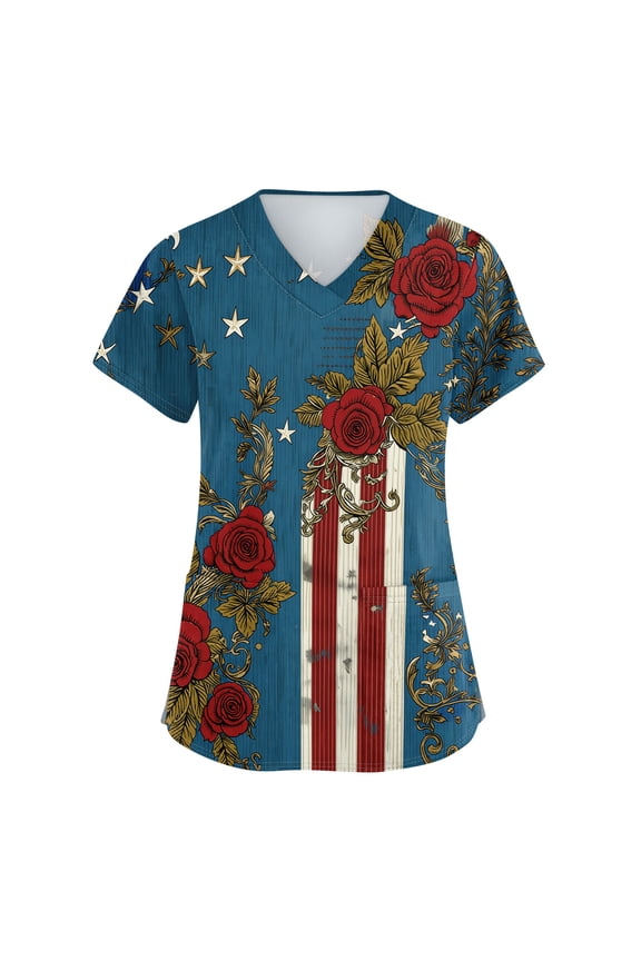 250th Anniversary USA Womens Scrub Tops Casual V Neck American Flag Print Scrub Shirts Short Sleeve Independence Day Patriotic Scrubs Medical Nurse Uniform Nursing Workwear with Pockets Blue 3XL
