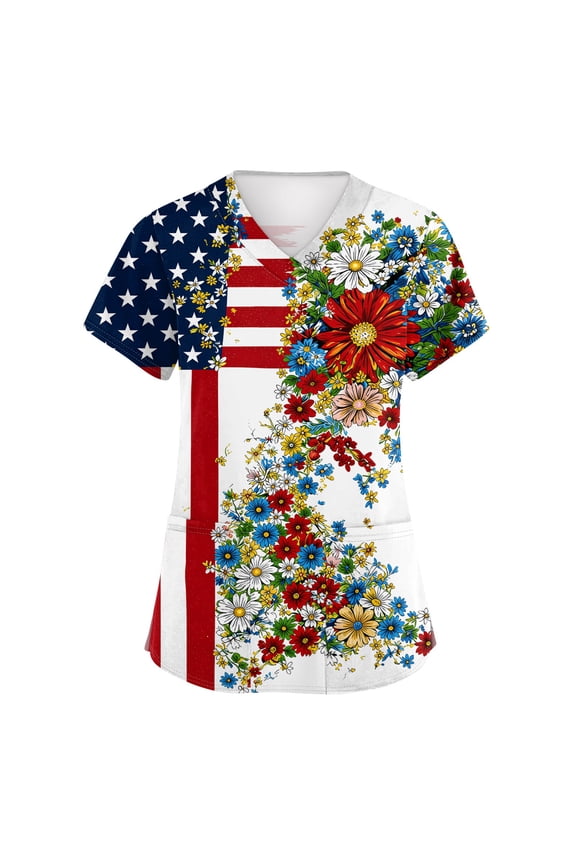 250th Anniversary USA Womens Scrub Tops Casual V Neck USA Flag Print Scrub Shirts Short Sleeve Independence Day Patriotic Scrubs Nursing Uniform Medical Nurse Workwear with Pockets Red 5XL