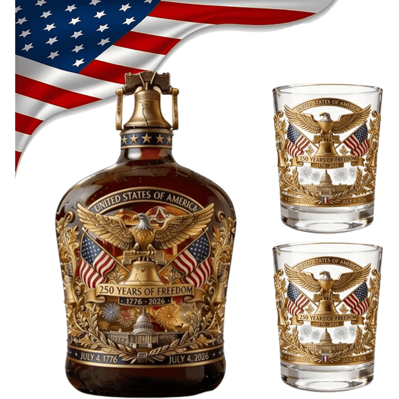 Whiskey Decanter, 250th Anniversary Commemorative Liquor Bottle, Patriotic Engraved Decanter with Liberty Bell Stopper,350 mL / 11.8 fl oz, for Bourbon, Wine & Spirits Home Bar Display Gift