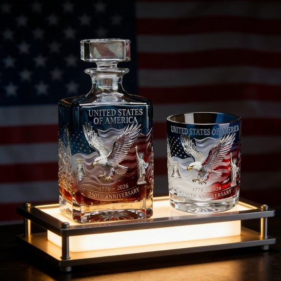 250th Anniversary Whiskey Decanter, Patriotic Commemorative Glass Bottle and Wine Glass Set for Gifting Enthusiasts, 250th Anniversary Decanter