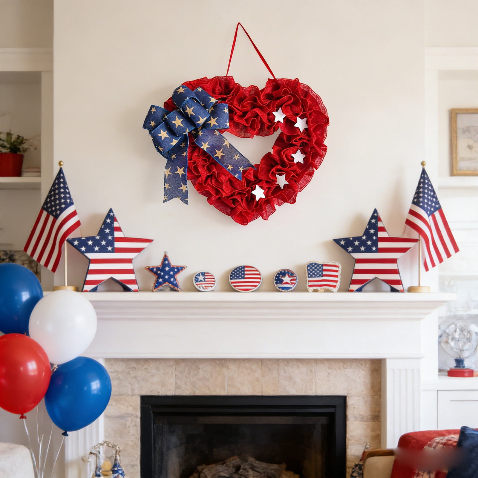 250th Anniversary Wreath Heart Shaped Ruffle Burlap Star Accent Red ...