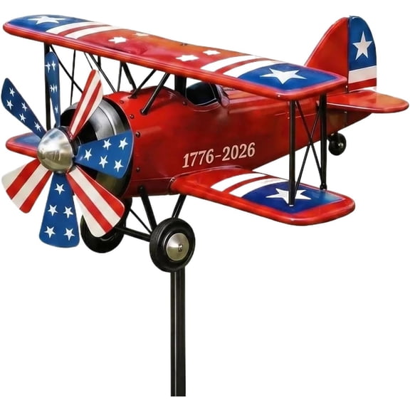 250th Commemorative Biplane Wind Spinner, Patriotic Independence Day Outdoor Airplane Pinwheel, Heavy-Duty Metal Garden Windmill, Weather-Resistant